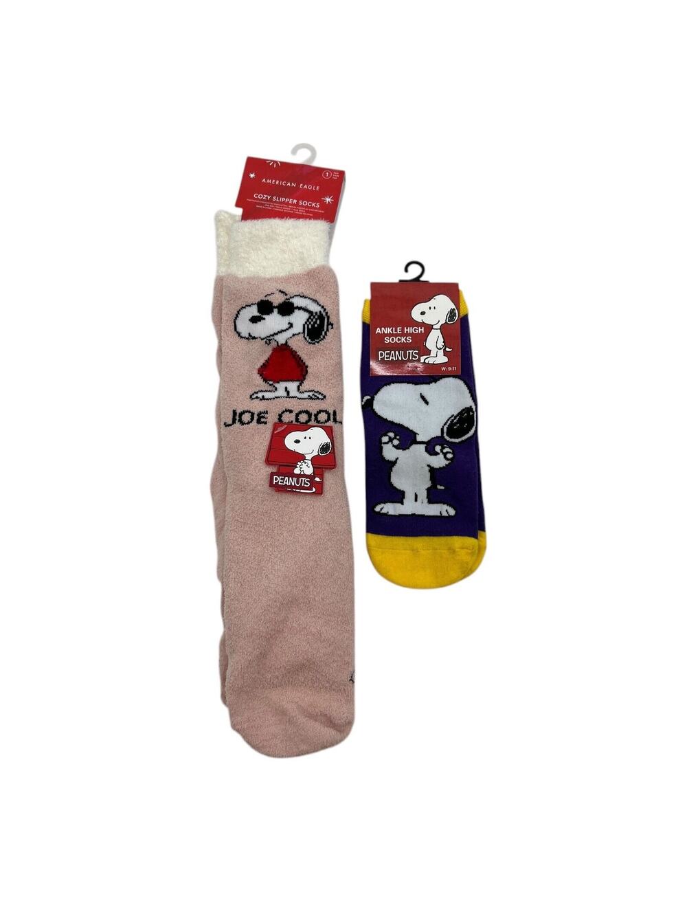 American Eagle Socks Women Ankle High Cozy Slipper Snoopy Joe Cool Peanuts Lot 2
